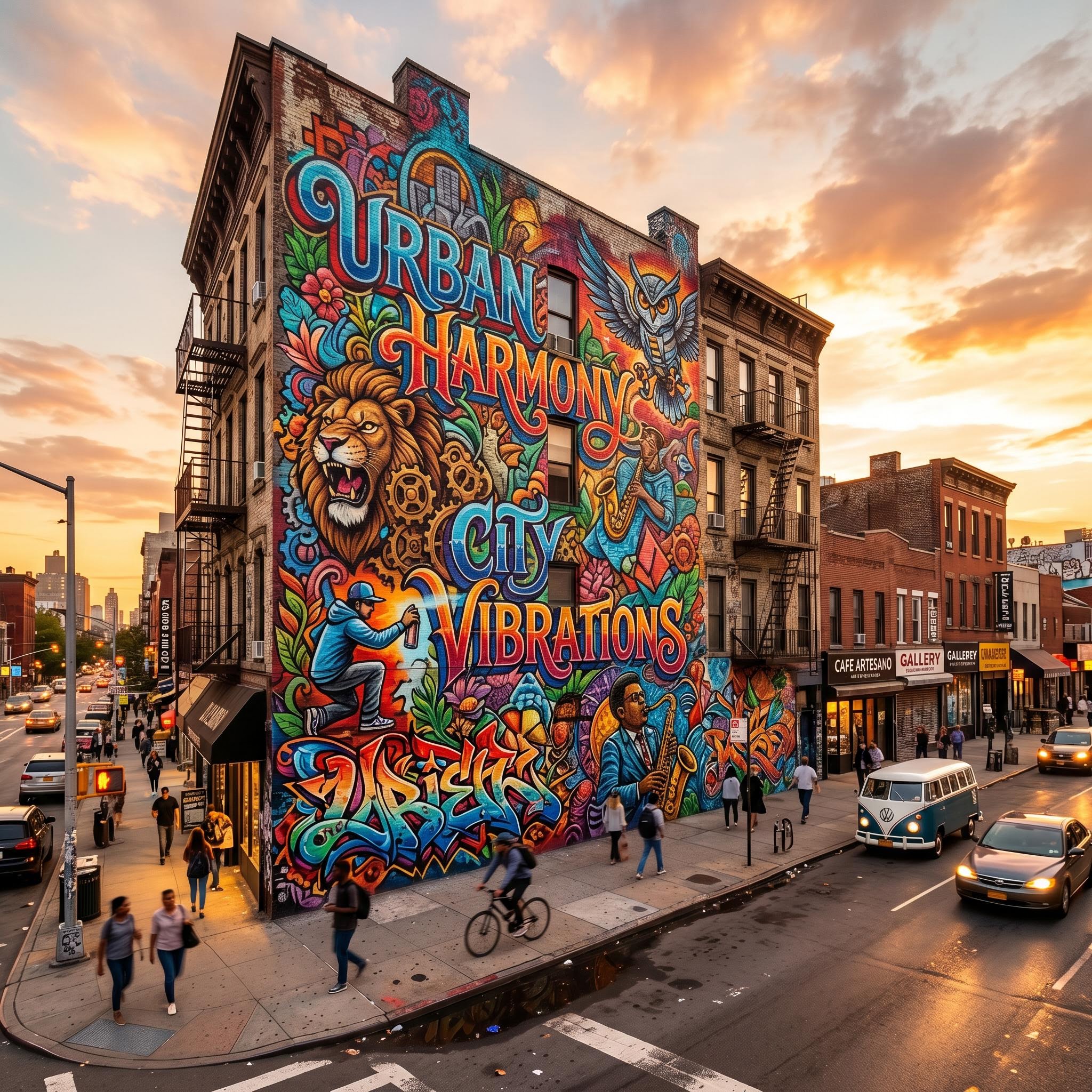 AI-generated graffiti mural showing elaborate full-color street art with characters and lettering