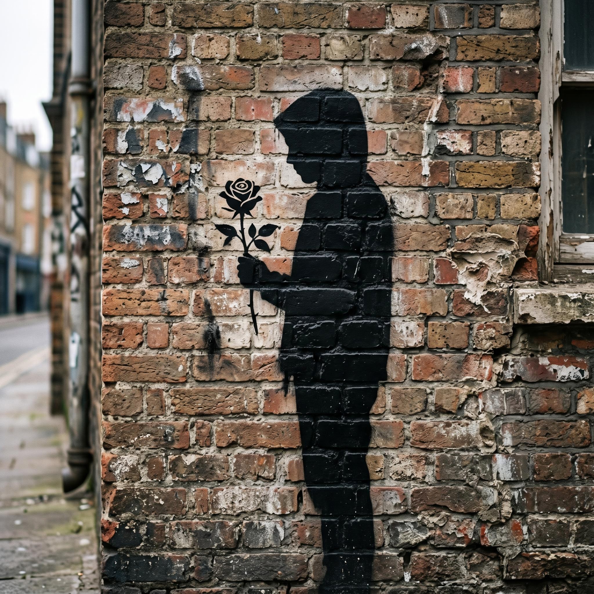 AI-generated stencil graffiti showing high-contrast silhouette street art on a brick wall