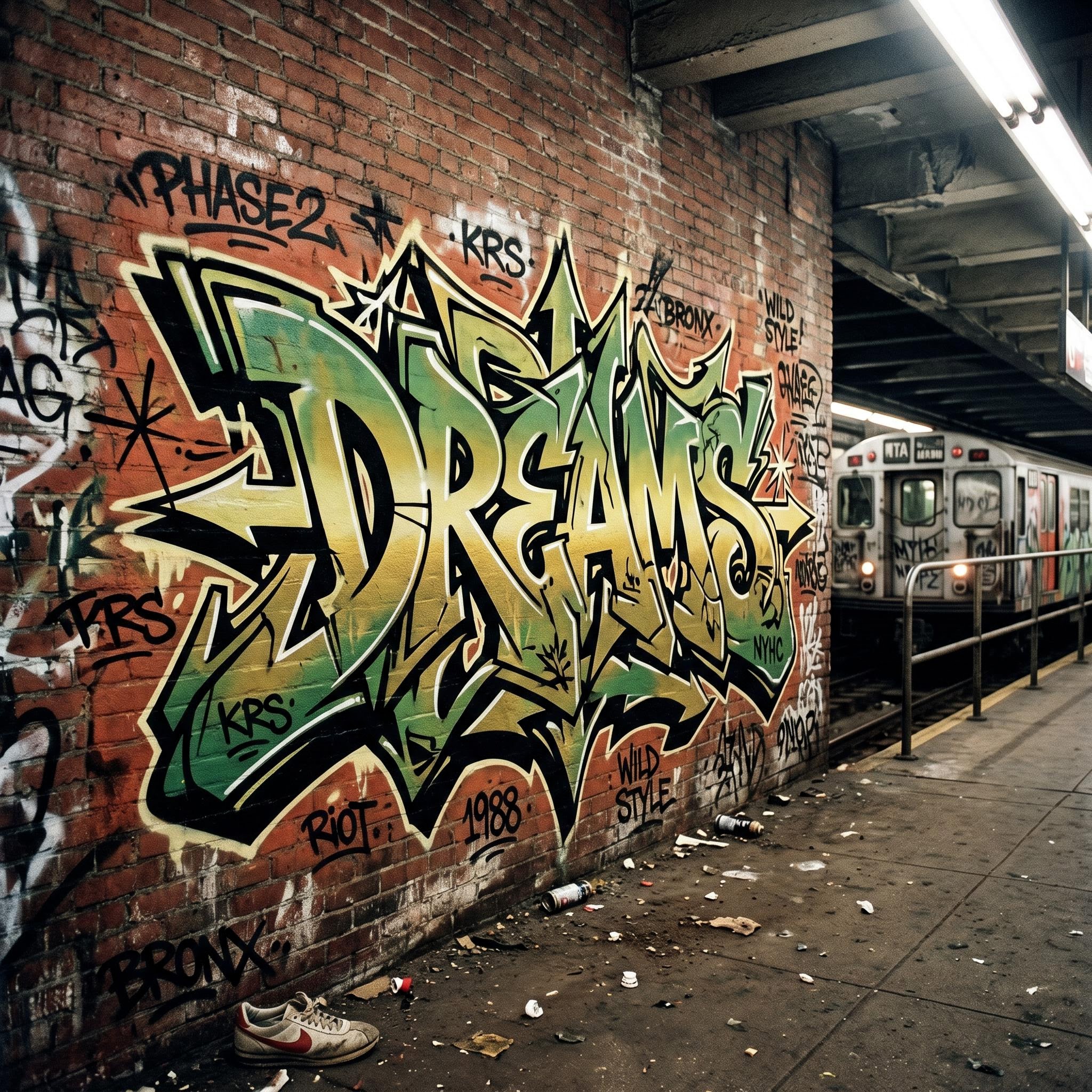 AI-generated wildstyle graffiti showing complex interlocking letters with arrows and gradients