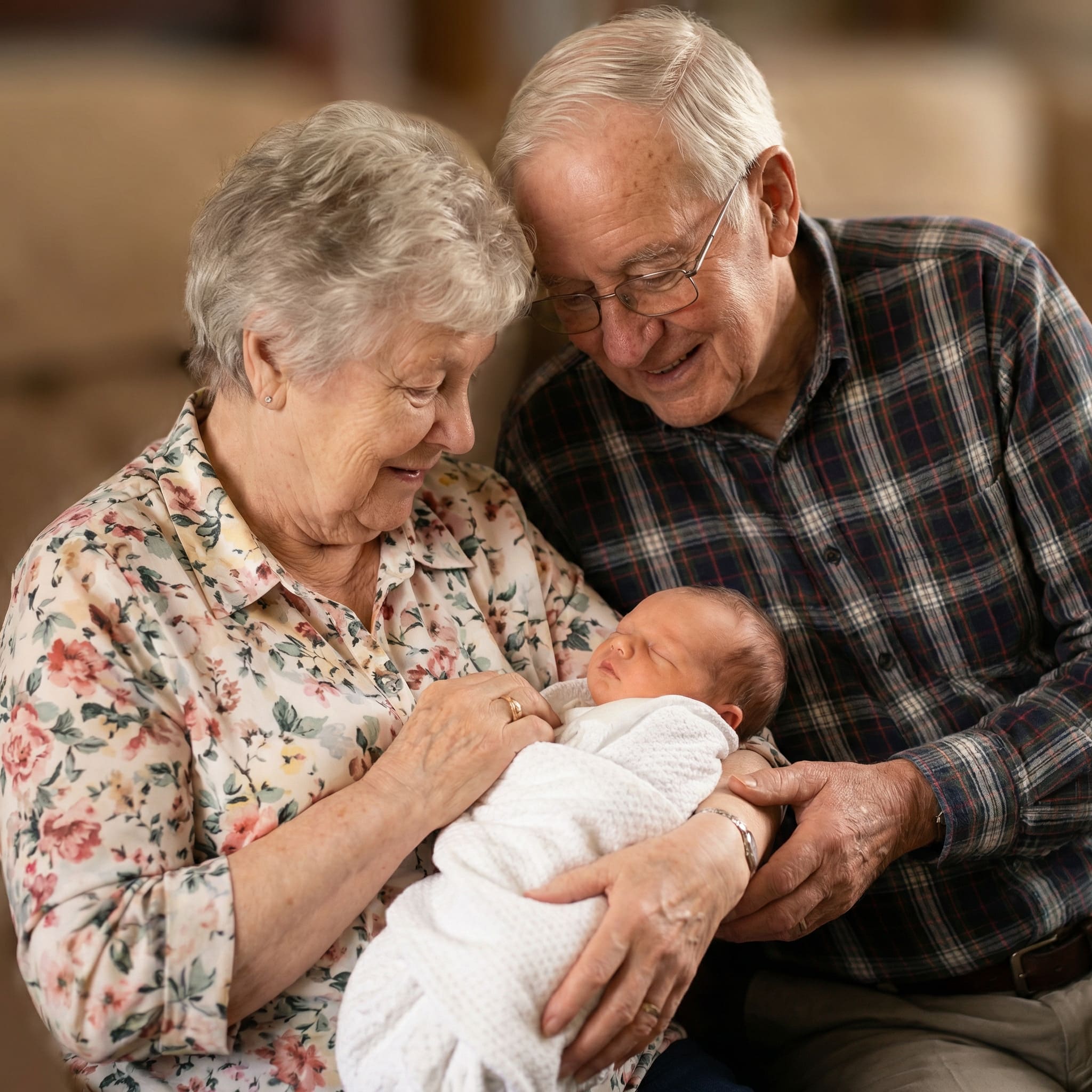 AI-generated grandparents with newborn portrait