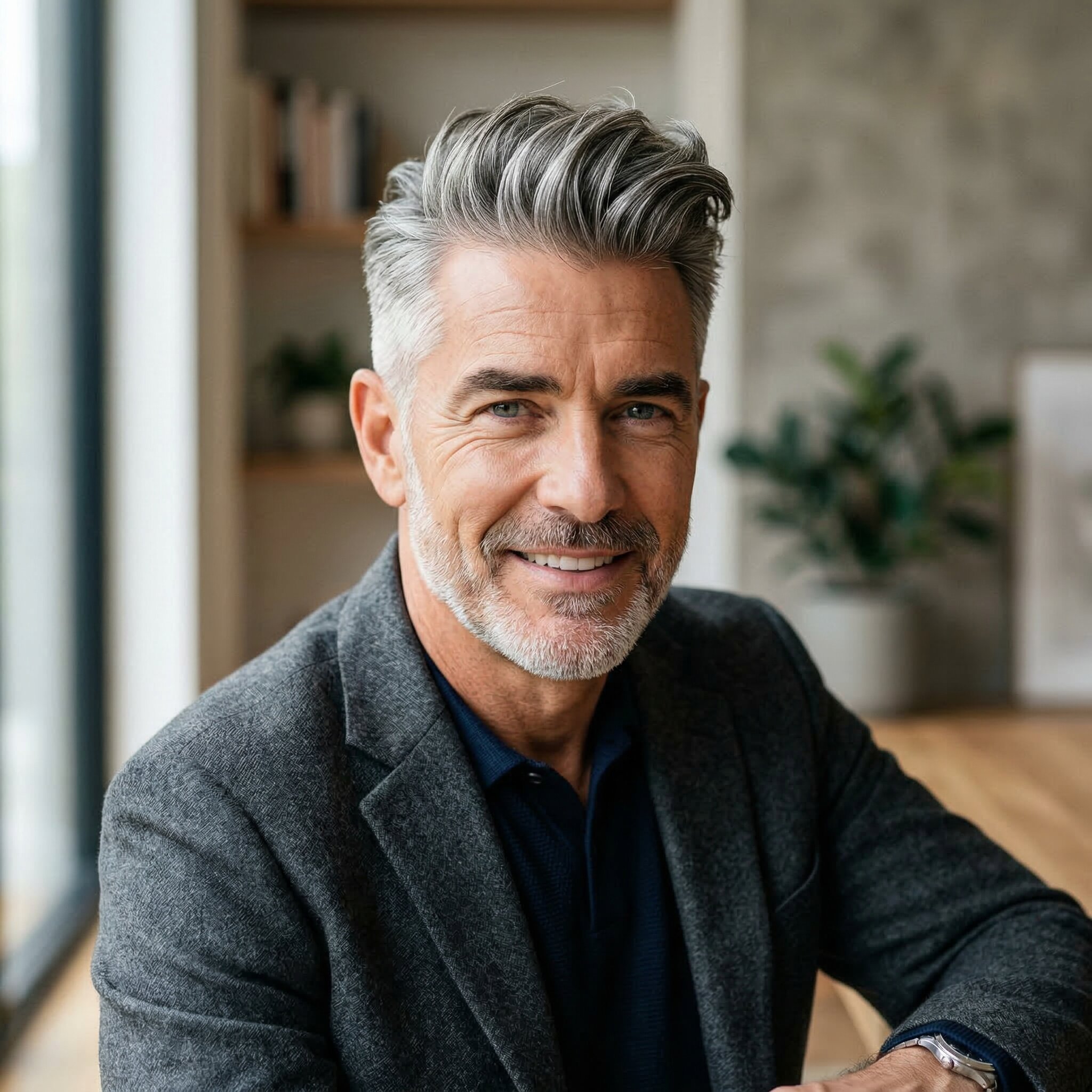 Quiff cheveux gris poivre et sel