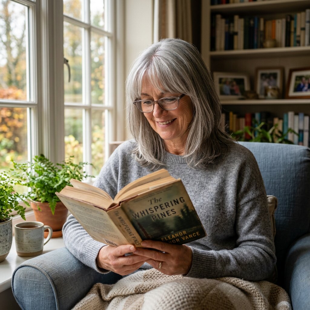 Woman with silver hair and curtain bangs, medium length grey hairstyle, cozy indoor window light setting, soft and natural portrait