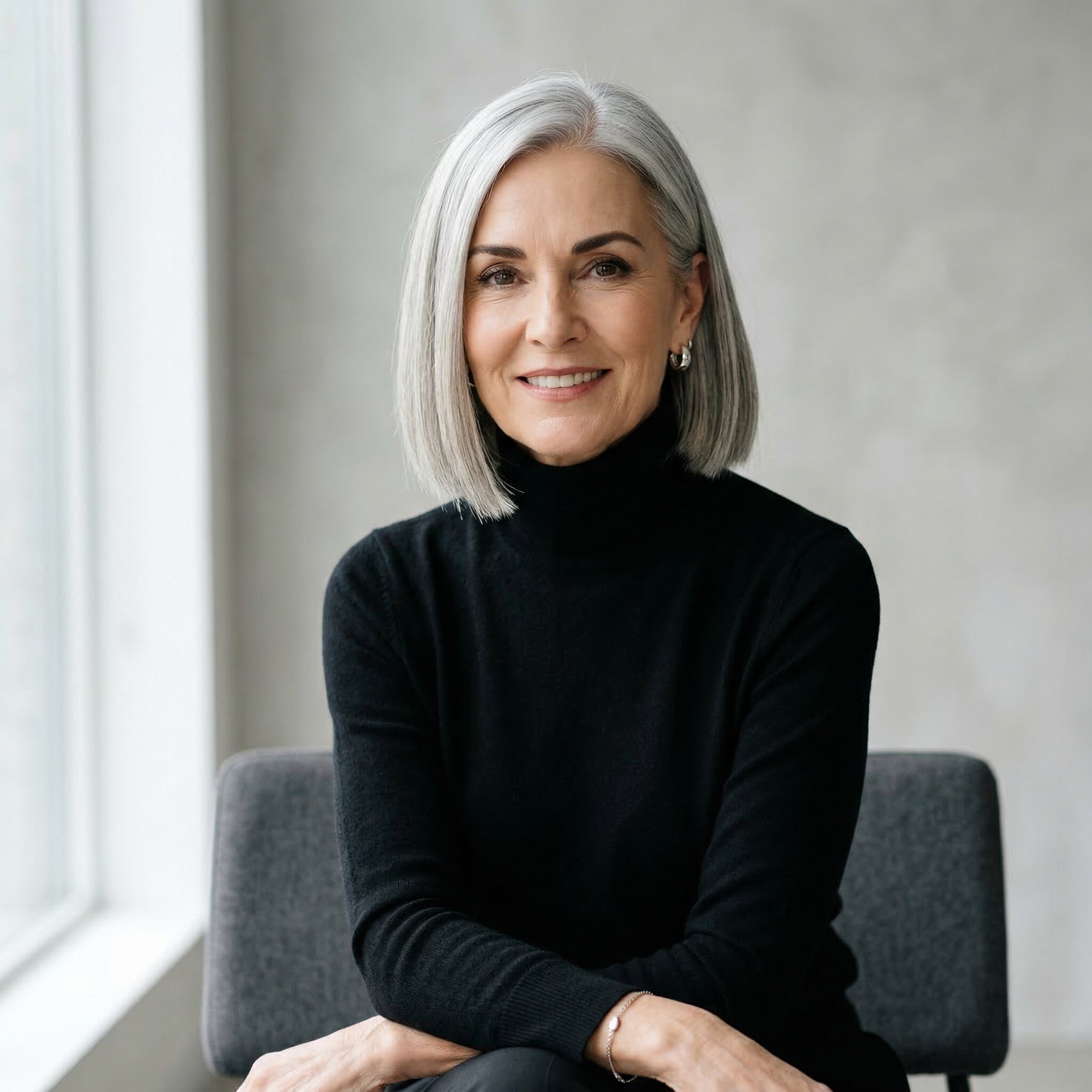 Woman with classic blunt bob haircut, straight silver hair, minimalist studio background, sleek and polished style, realistic portrait