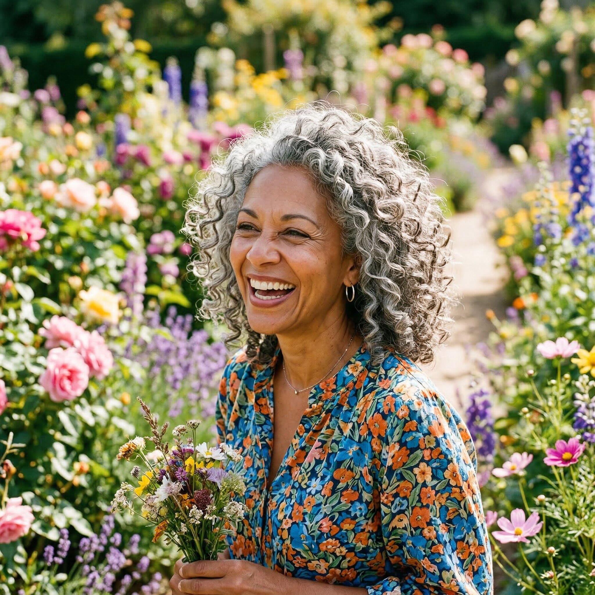 Woman with natural curly grey hair, voluminous silver curls, standing in a colorful flower garden, bright daylight, lively realistic portrait