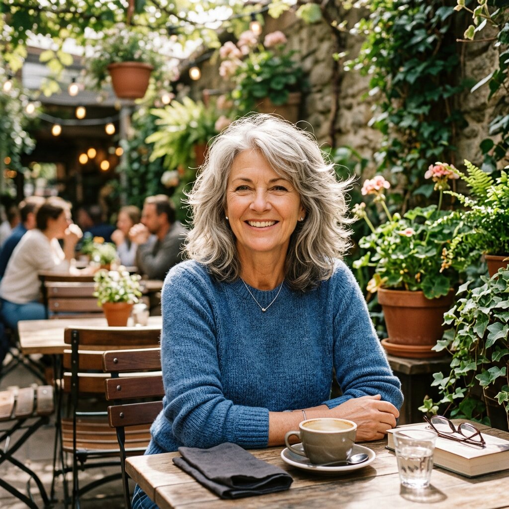 Woman with layered shoulder-length grey hair, soft volume and movement, sitting at a cozy cafe terrace, natural lighting, realistic lifestyle portrait