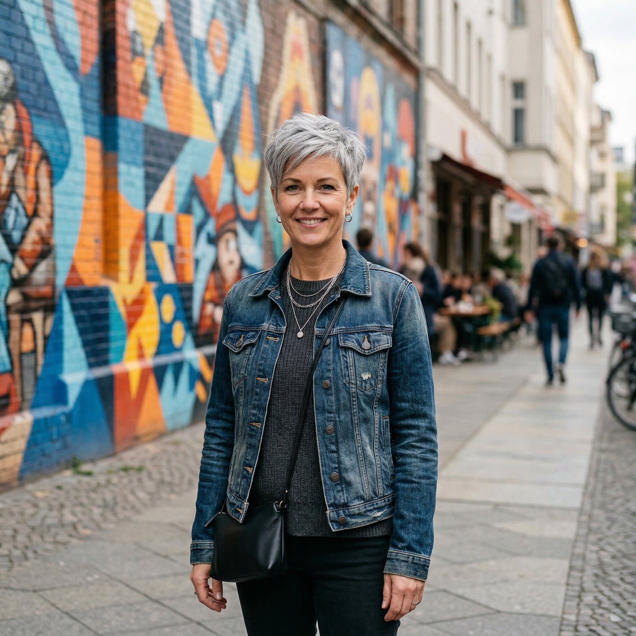 Woman with short grey pixie cut, textured silver hair, urban street with colorful murals, modern confident look, realistic portrait