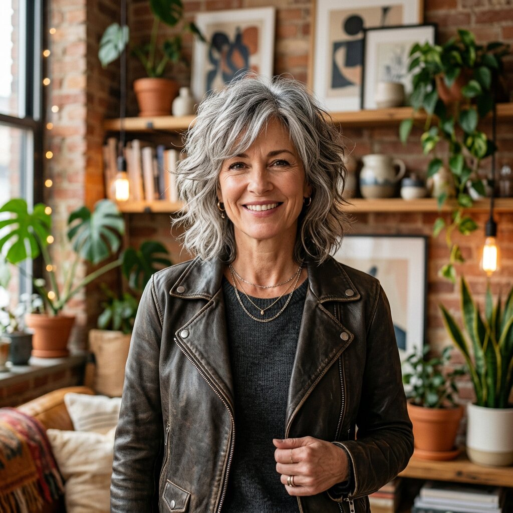 Woman with shag haircut, layered medium-length grey hair, artistic loft apartment background, relaxed modern style, realistic portrait
