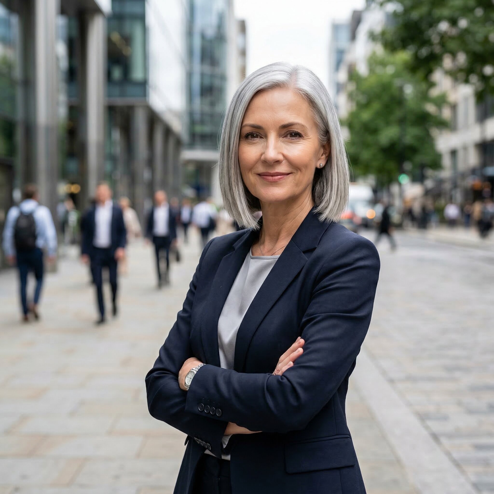 Woman with sleek silver bob haircut, chin-length straight grey hair, natural shine, modern city background, professional realistic portrait