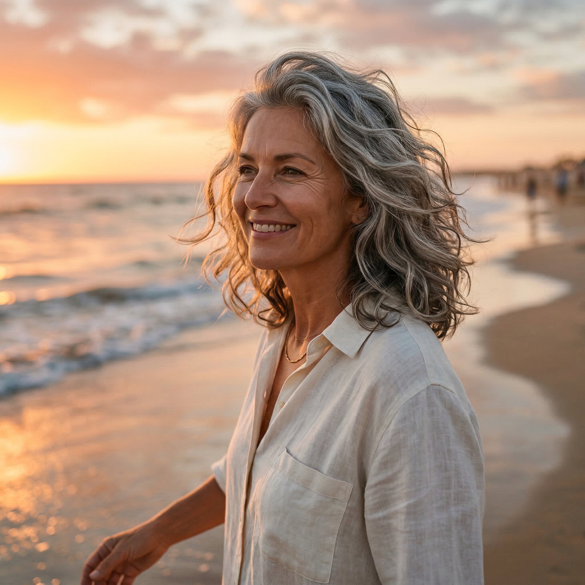 Woman with soft wavy grey hair, medium length silver hairstyle, walking on beach at sunset, warm golden light, cinematic realistic portrait