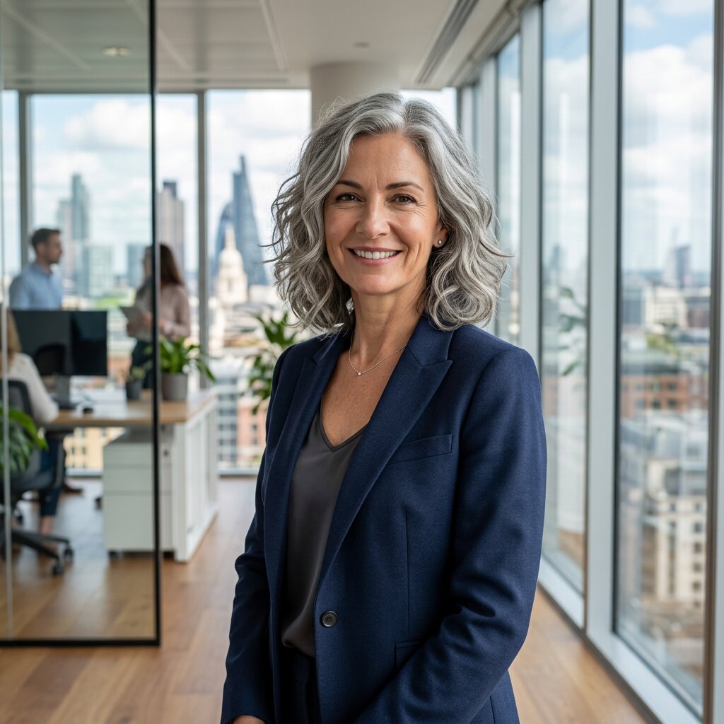 Woman with textured lob haircut, wavy grey hair above shoulders, modern office background with large windows, realistic professional portrait
