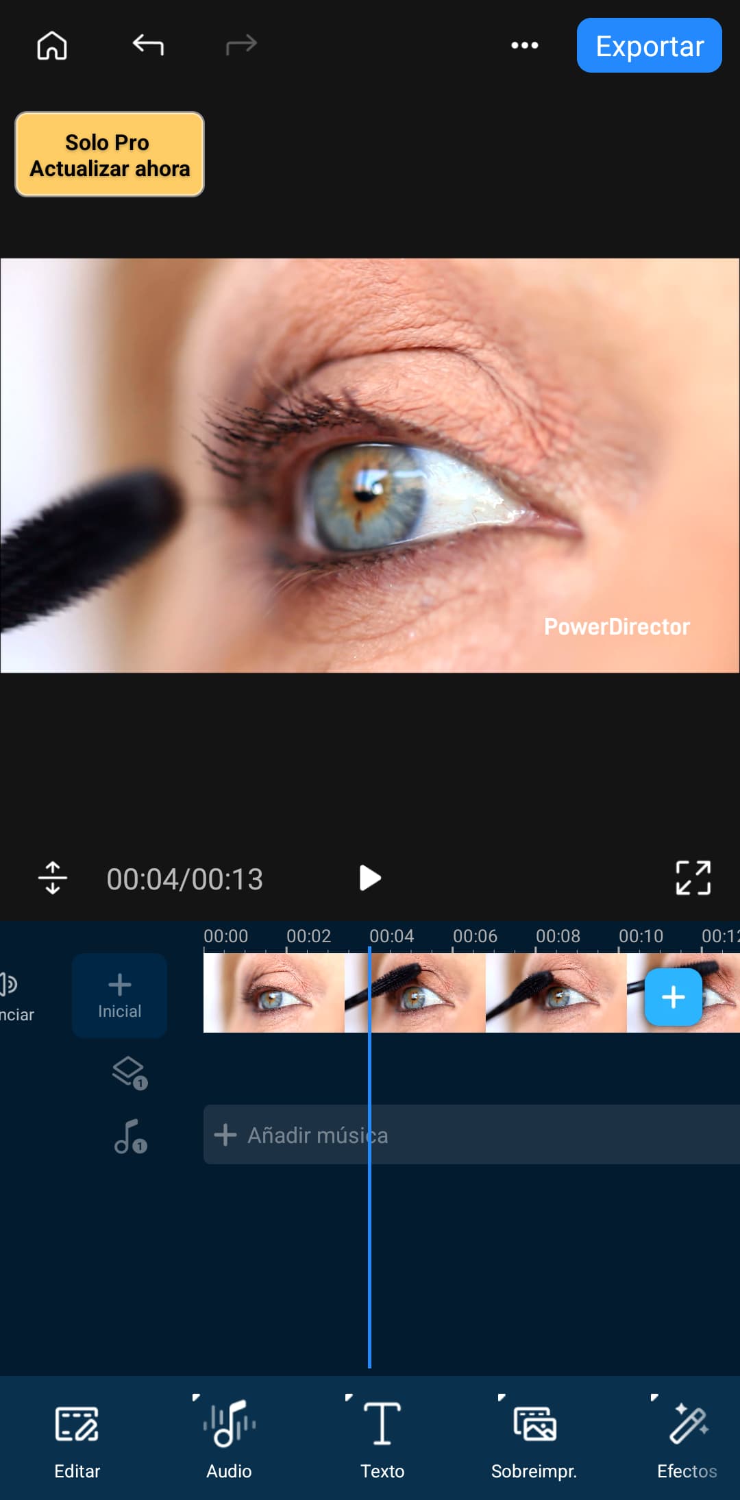 Interfaz del editor de videos de PowerDirector para Android