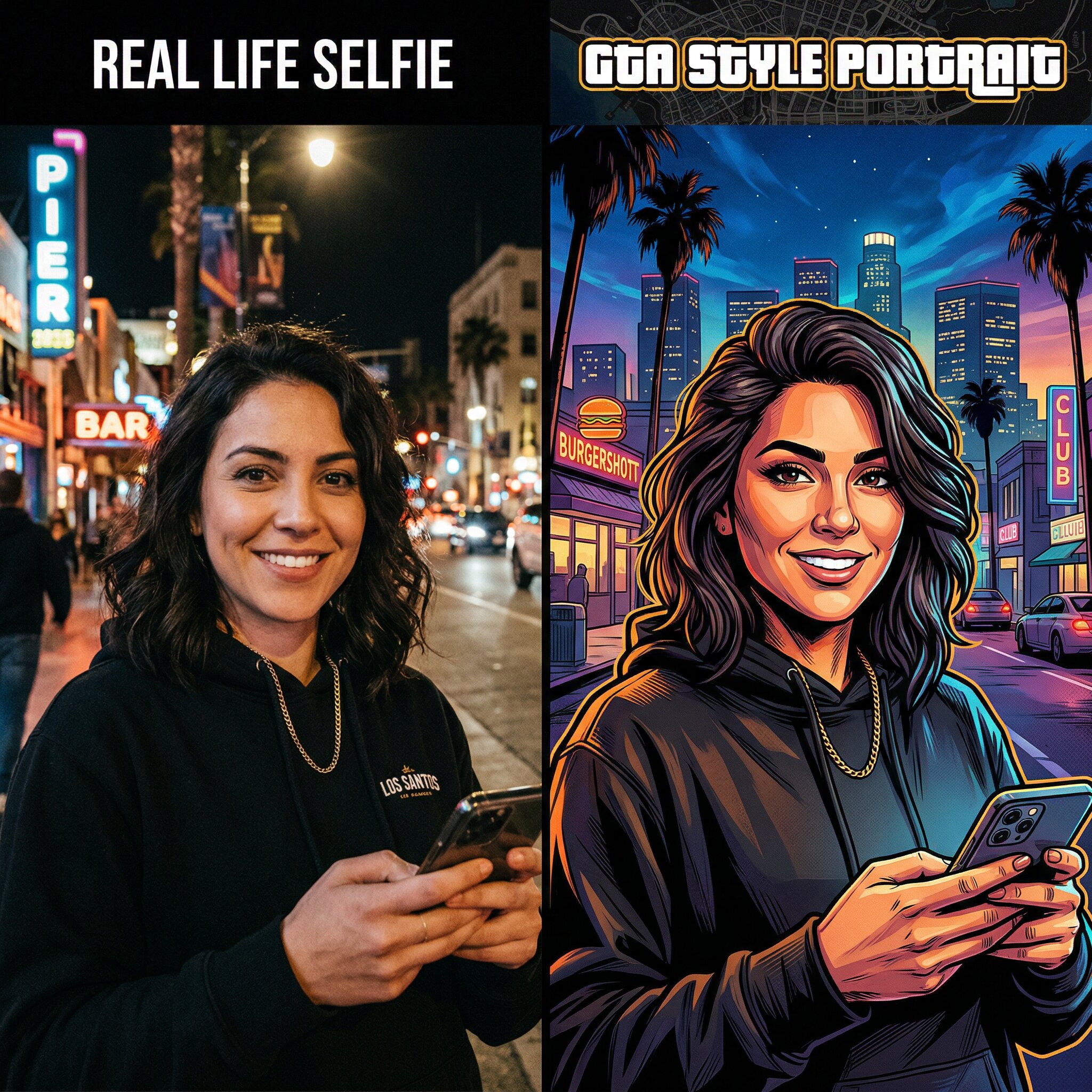 Exemple de portrait avec le filtre GTA montrant une personne transformée en personnage illustré style GTA