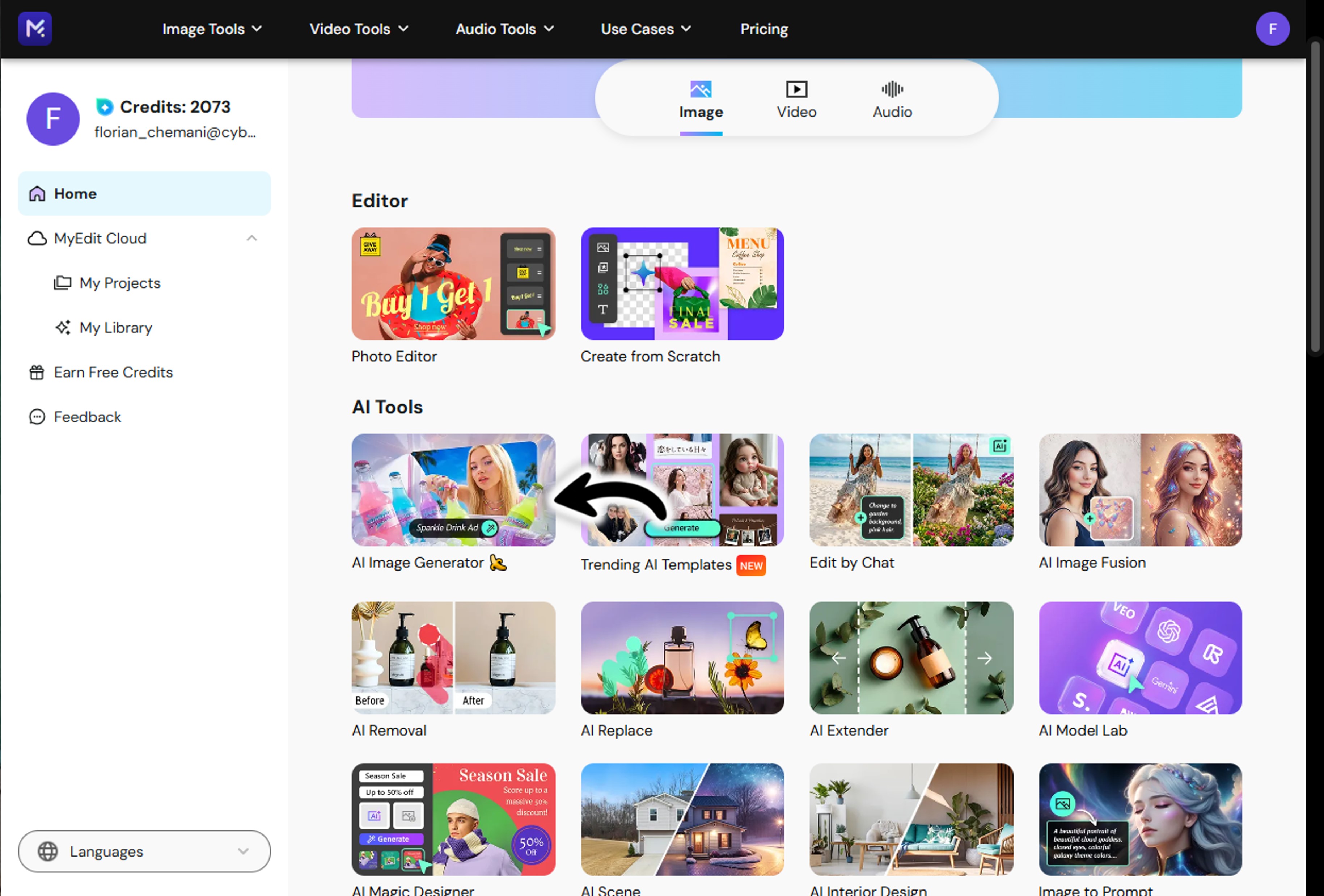Opening MyEdit AI Image Generator to start creating a GTA filter portrait