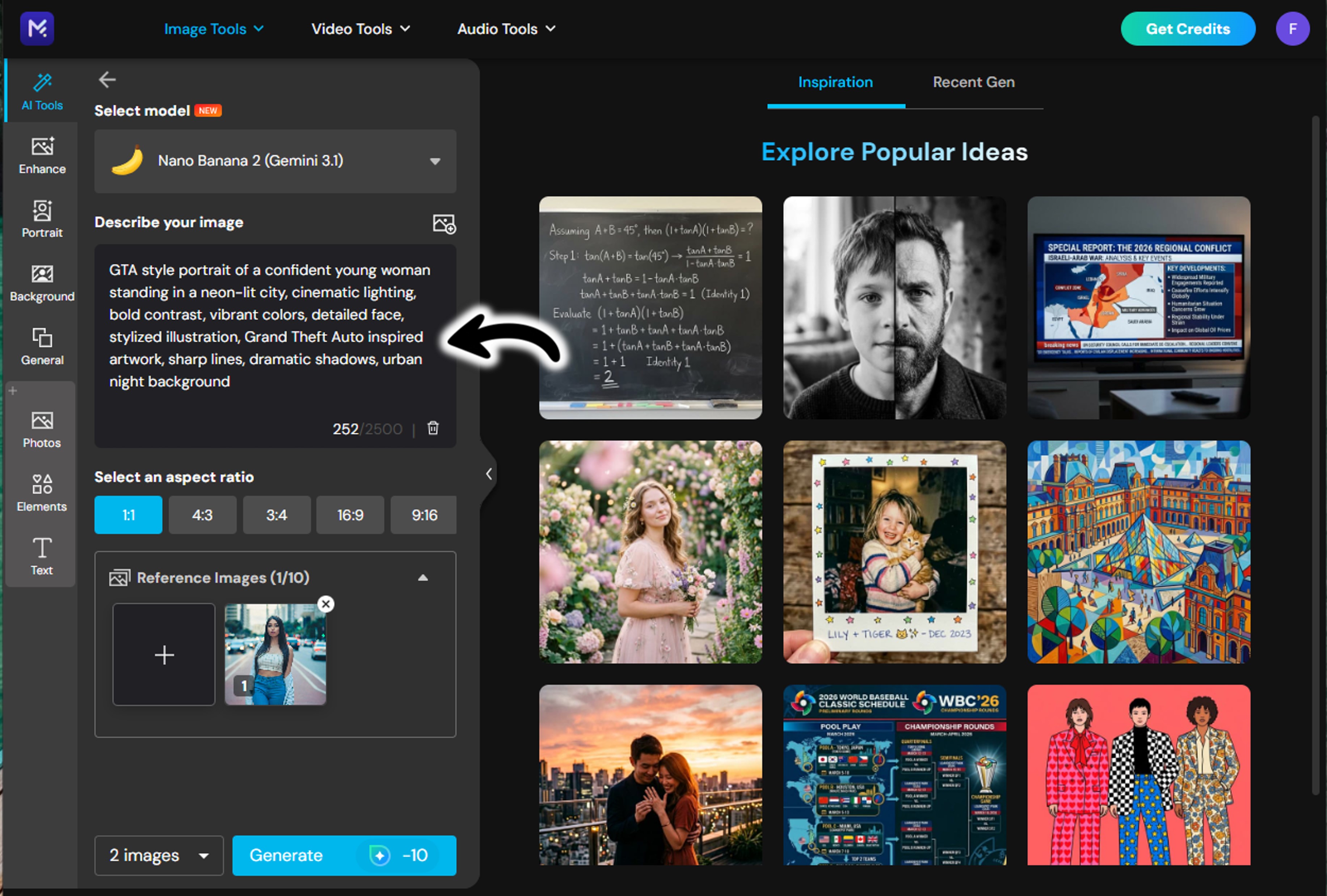 Entering a GTA style text prompt in MyEdit AI Image Generator