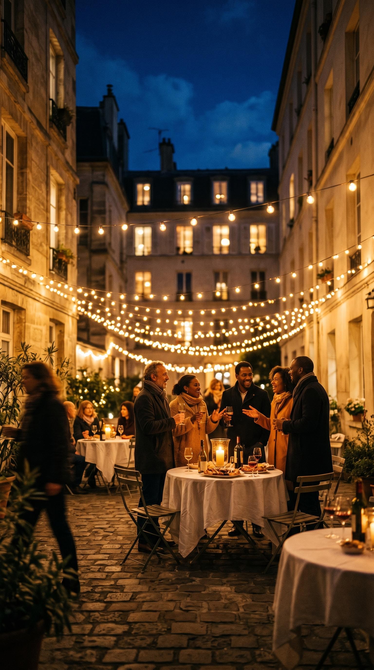 Ambiance guirlandes et lumières en soirée pour la fête des voisins, générée par IA