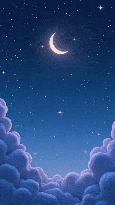 Geburtstags-GIF: 'Der Mond leuchtet sanft, Sterne funkeln langsam, und die Worte Gute Nacht erscheinen in weicher, glühender Schrift.'