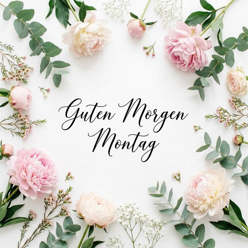 Eine elegante Draufsicht auf zarte pastellrosa Pfingstrosen und grüne Eukalyptuszweige auf weißem Hintergrund mit der geschwungenen schwarzen Aufschrift Guten Morgen Montag.