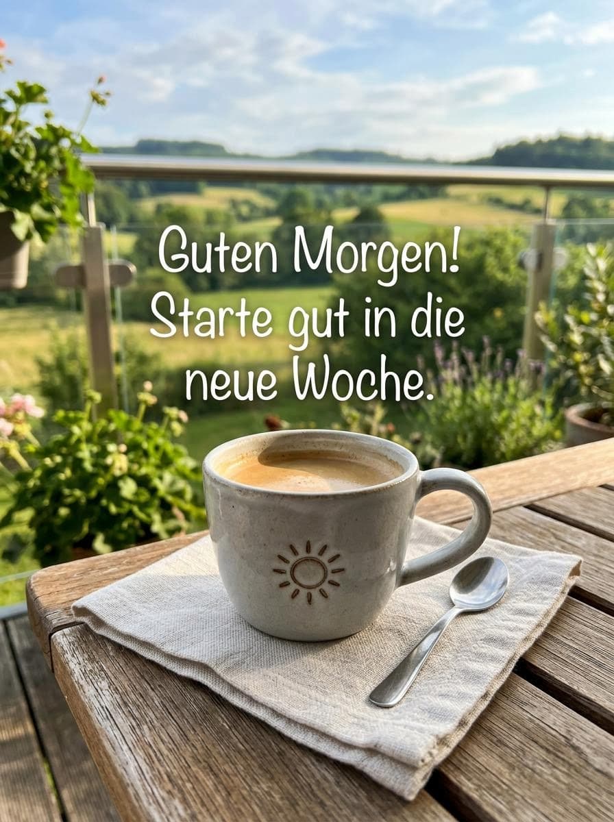 Eine helle Kaffeetasse mit einem eingeprägten Sonnen-Symbol steht auf einer Stoffserviette neben einem Teelöffel auf einem hölzernen Balkontisch. Im Hintergrund ist eine grüne, hügelige Landschaft unter leicht bewölktem Himmel zu sehen, überlagert mit dem Text Guten Morgen! Starte gut in die neue Woche.