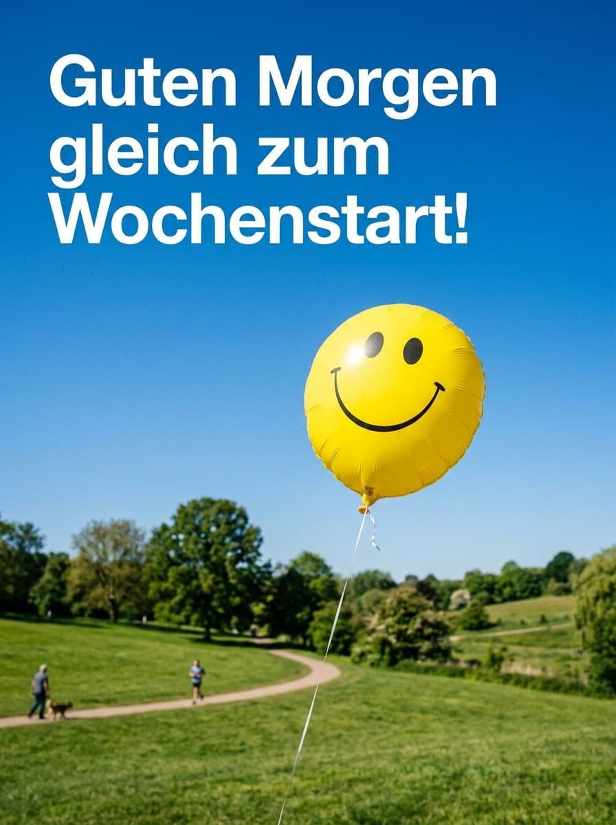 Ein leuchtend gelber Luftballon mit aufgedrucktem Smiley-Gesicht schwebt an einer Schnur vor einem strahlend blauen Himmel über einer grünen Parklandschaft mit einem Spazierweg. Am oberen linken Rand steht in großen, weißen Buchstaben der Text Guten Morgen gleich zum Wochenstart!.