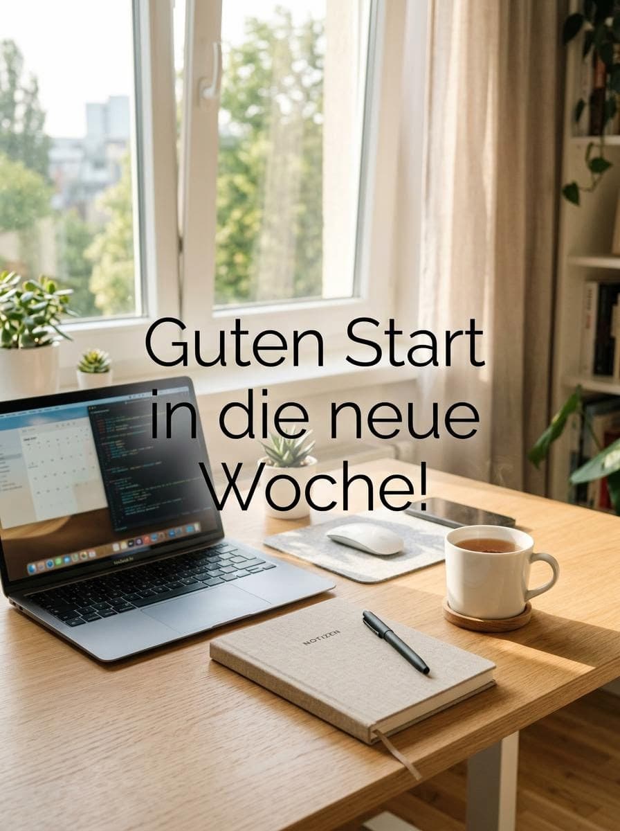 Ein heller Schreibtisch am Morgen mit Laptop, Notizbuch und einer Tasse Kaffee vor einem Fenster mit dem Text Guten Start in die neue Woche.