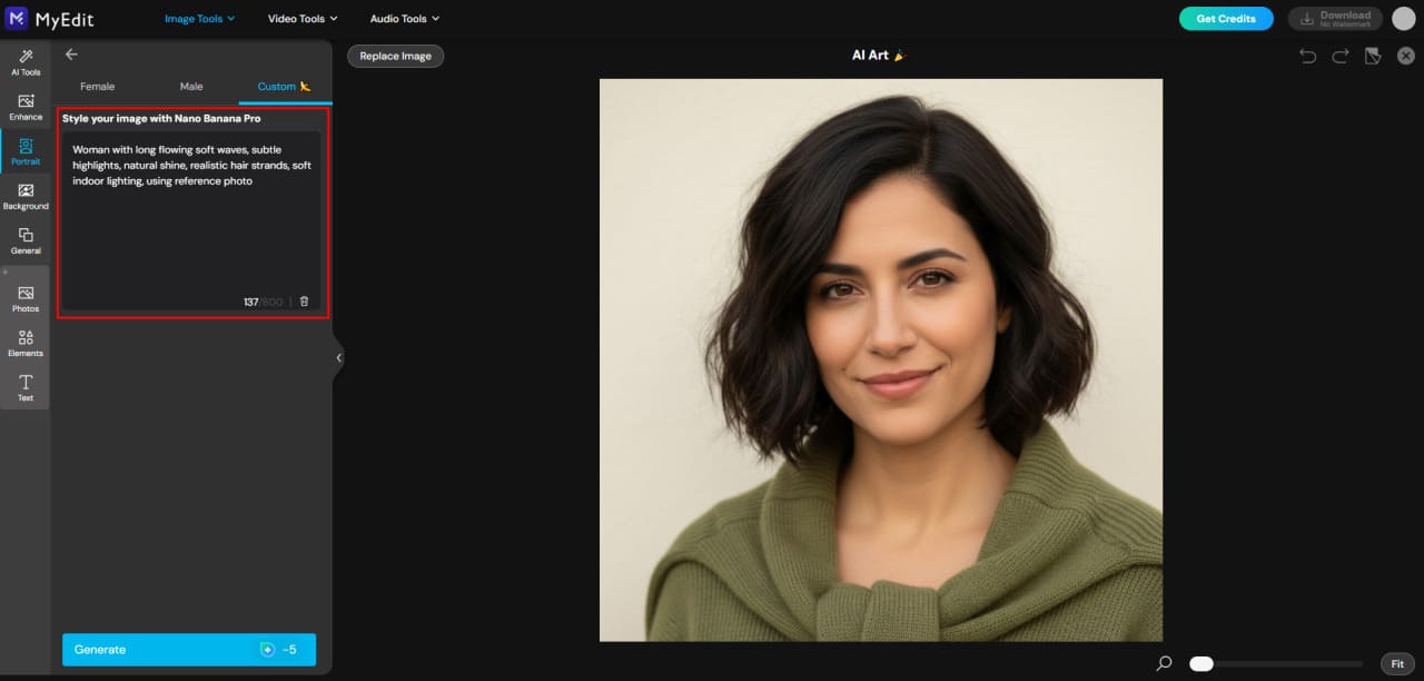 Type AI hairstyle prompt in MyEdit