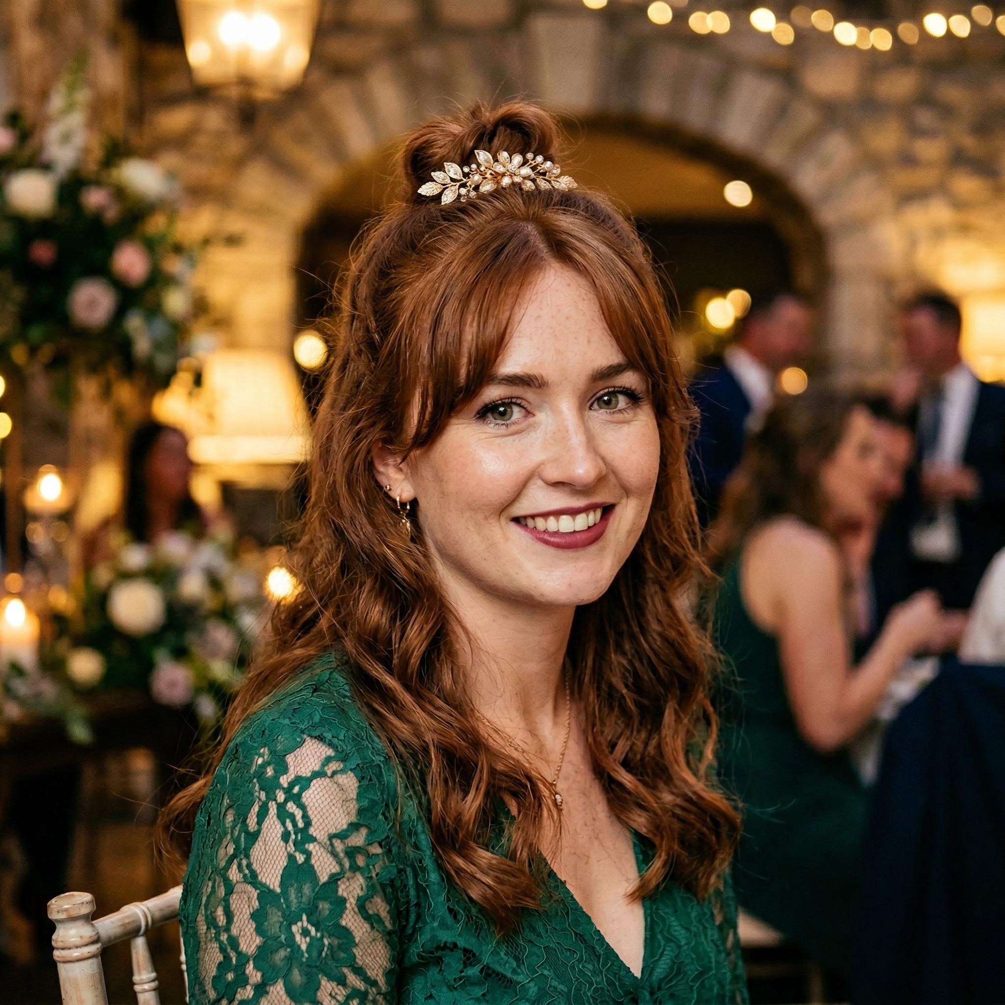 Half-up hairstyle with curtain bangs for party