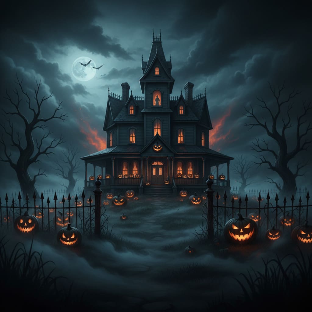 Halloween Haunted House with Jack-o'-Lanterns