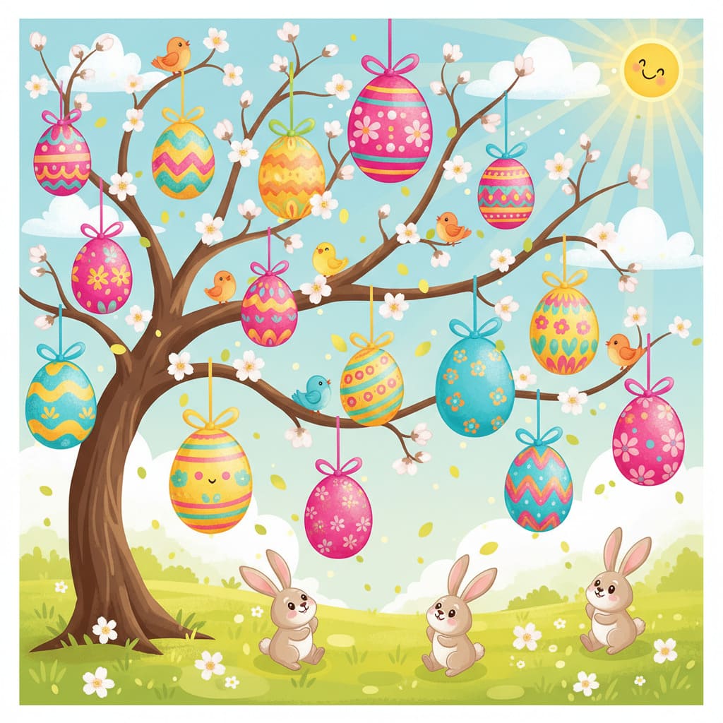 Eggs hanging from tree branches AI image