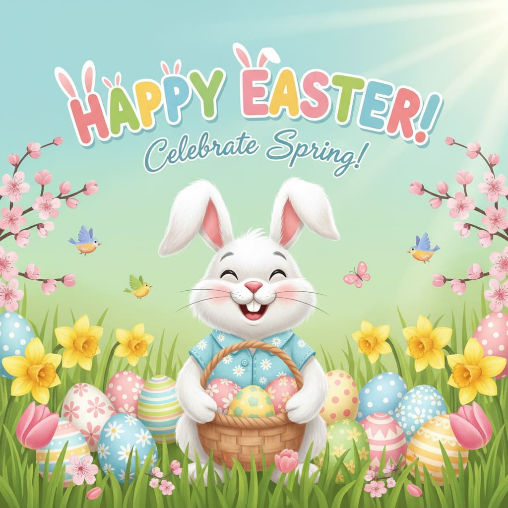 Happy Easter banner with bunny and eggs AI image