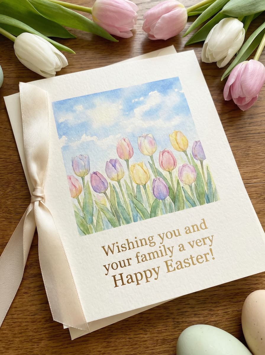 Eine elegante Osterkarte mit Aquarell-Illustration von Tulpen unter blauem Himmel. Der Text Wishing you and your family a very Happy Easter! ist in goldener Schrift gedruckt. Die Karte ist mit einem cremefarbenen Band verziert und von Tulpen und Ostereiern umgeben.
