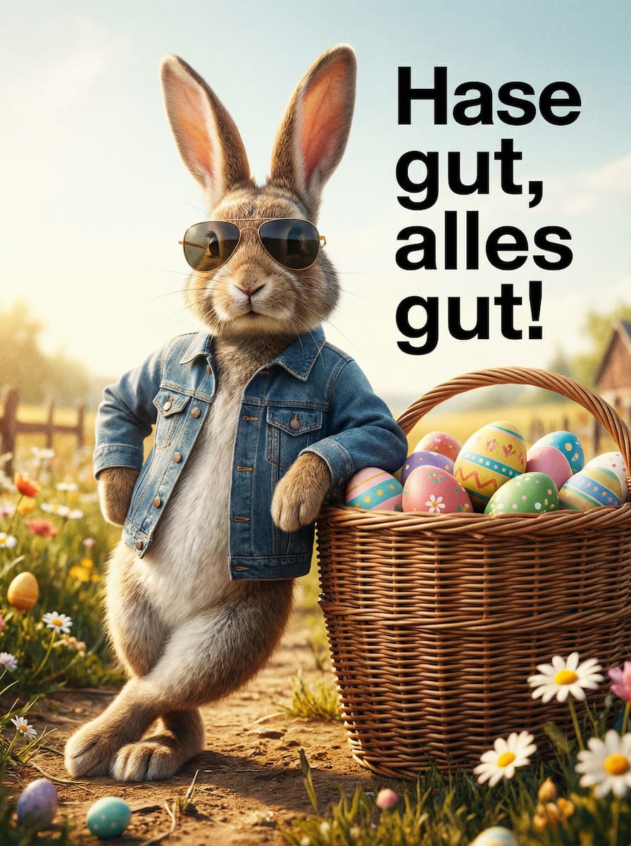 Cooler Osterhase mit Sonnenbrille und Jeansjacke neben einem Korb voller bunter Ostereier und dem Text Hase gut, alles gut!