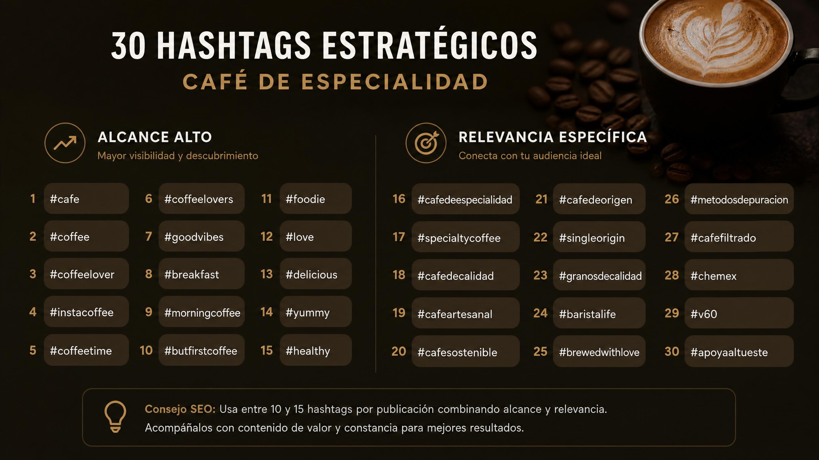 Captura de hashtags SEO para una marca de café generados con un prompt para Grok