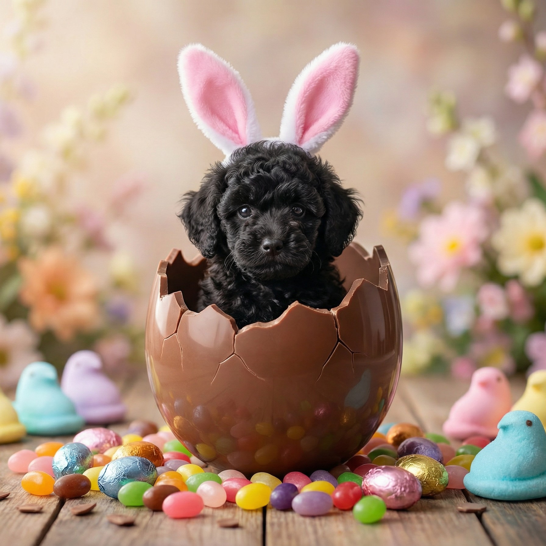 Artistic photo of poodle peering from a cracked chocolate egg