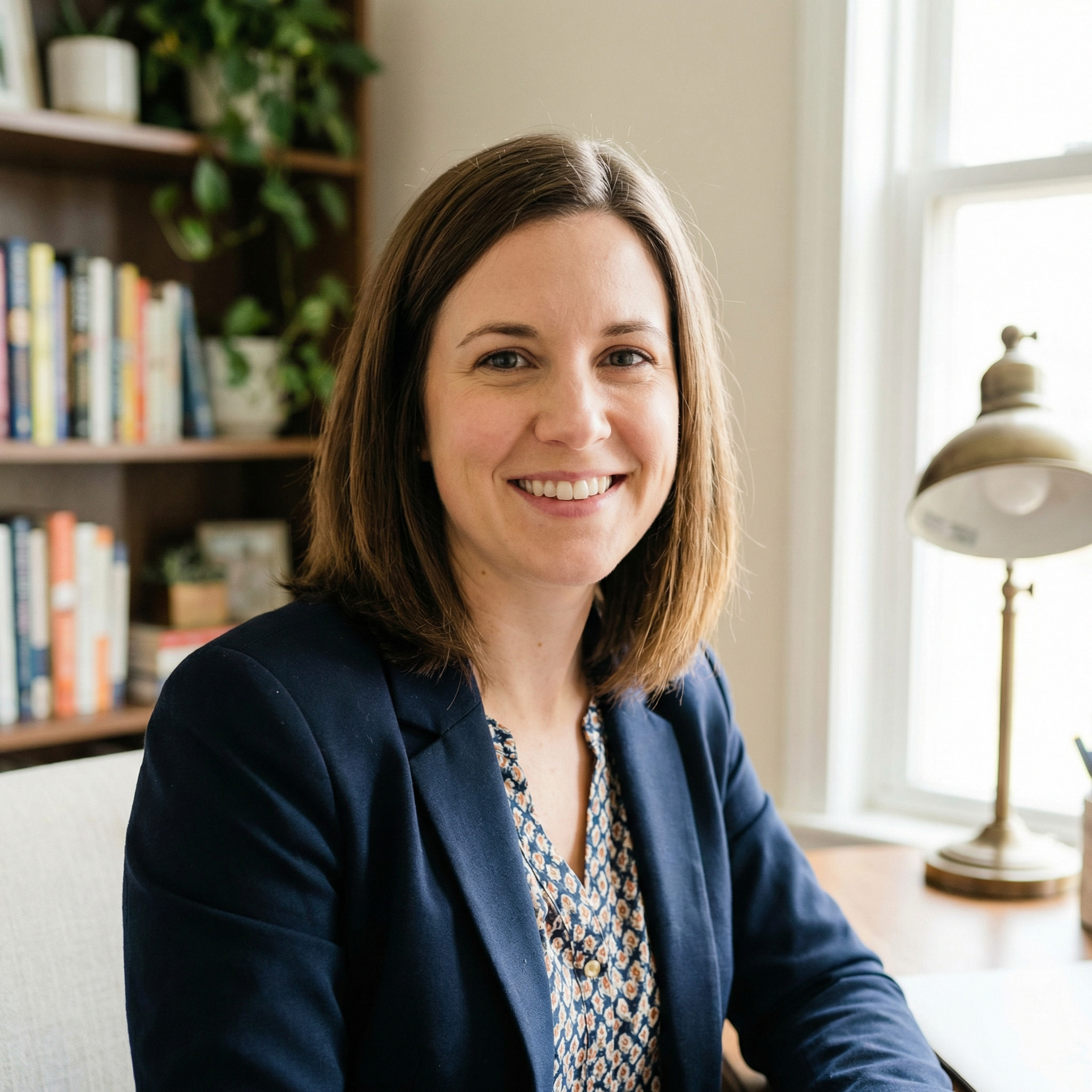 Portrait photo before AI background removal, showing a person in front of a busy home office background