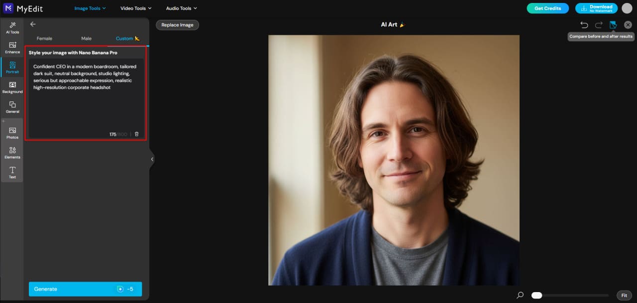 Type AI headshot prompt in MyEdit