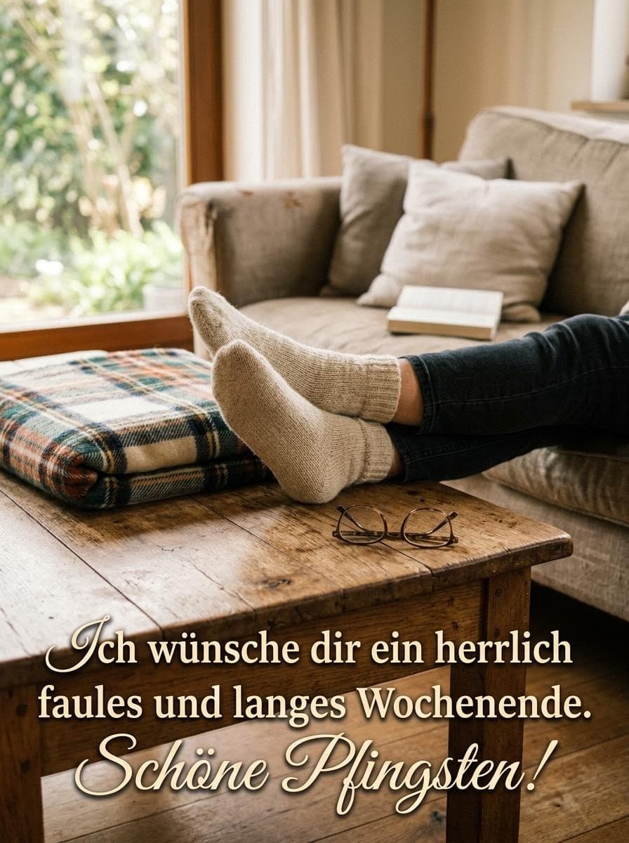 Hochgelegte Füße in gemütlichen Wollsocken auf einem Couchtisch im hellen Wohnzimmer mit einer edlen, geschwungenen weißen Schrift Ich wünsche dir ein herrlich faules und langes Wochenende. Schöne Pfingsten!
