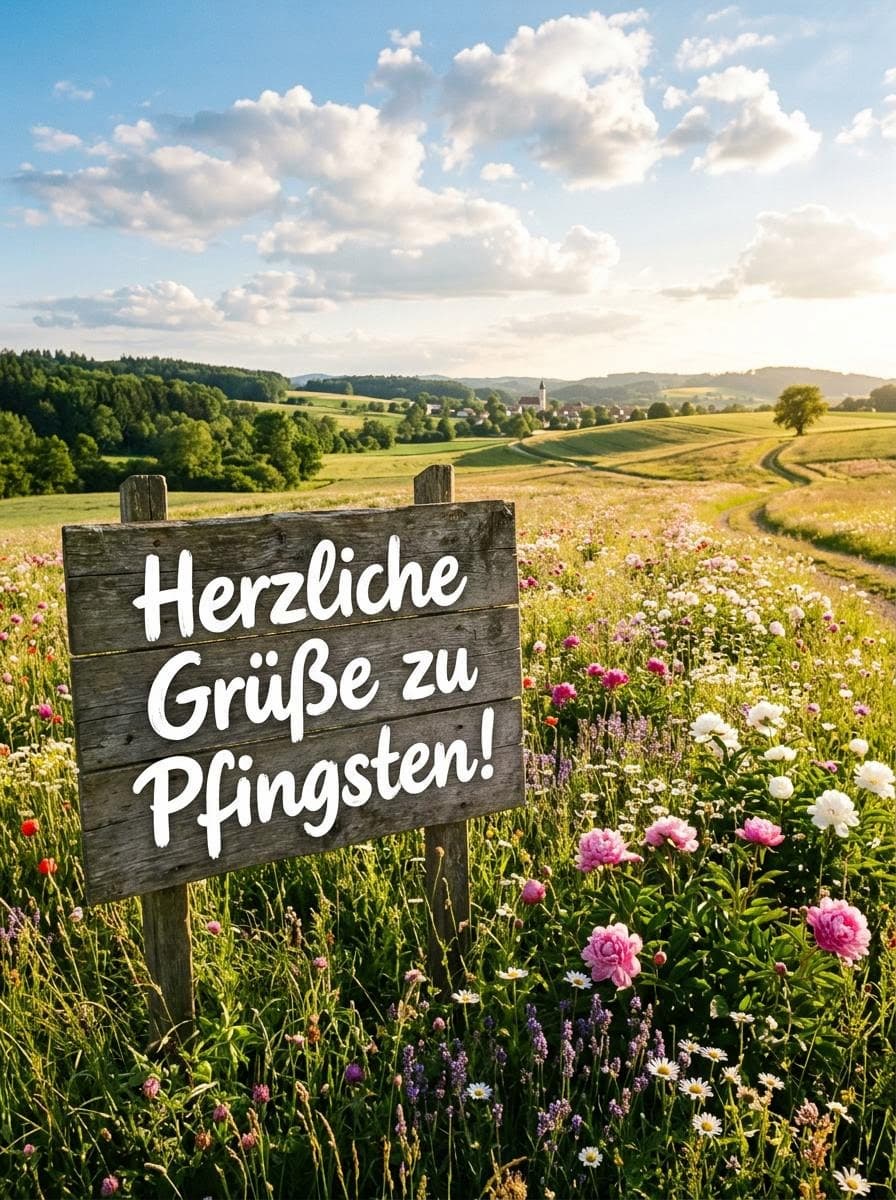 Ein rustikales Holzschild auf einer idyllischen Frühlingswiese voller Pfingstrosen mit dem großen weißen Text Herzliche Grüße zu Pfingsten.