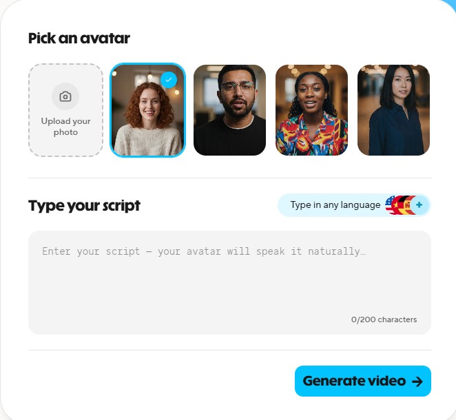Editor de video de HeyGen con avatar activo y guion de texto