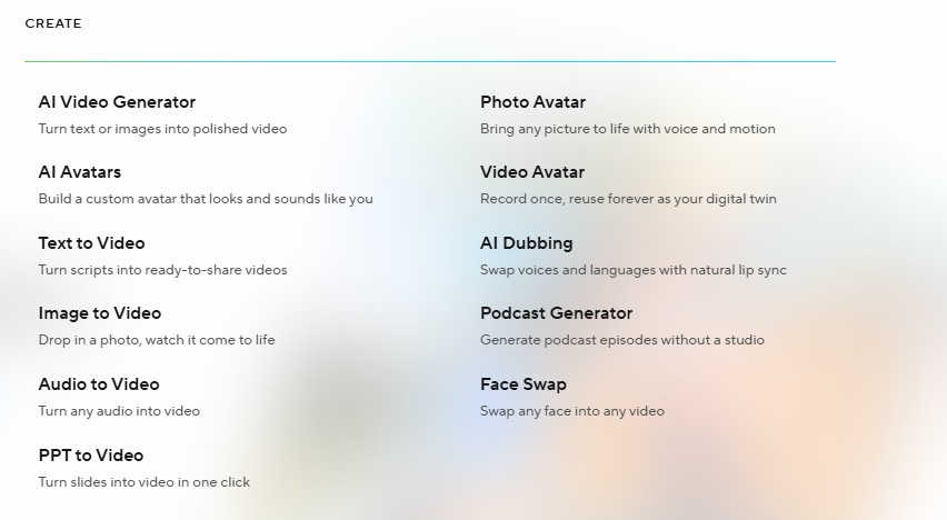Selector de modos de creación de video en HeyGen