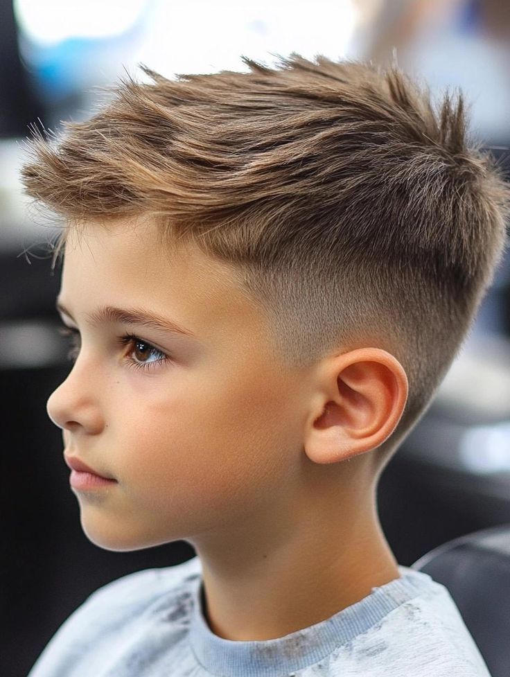 Ein Junge im Profil mit einem präzise geschnittenen High Fade Cut, der durch einen stufenlosen Übergang weit oben an den Seiten und ein strukturiertes, längeres Deckhaar besticht.