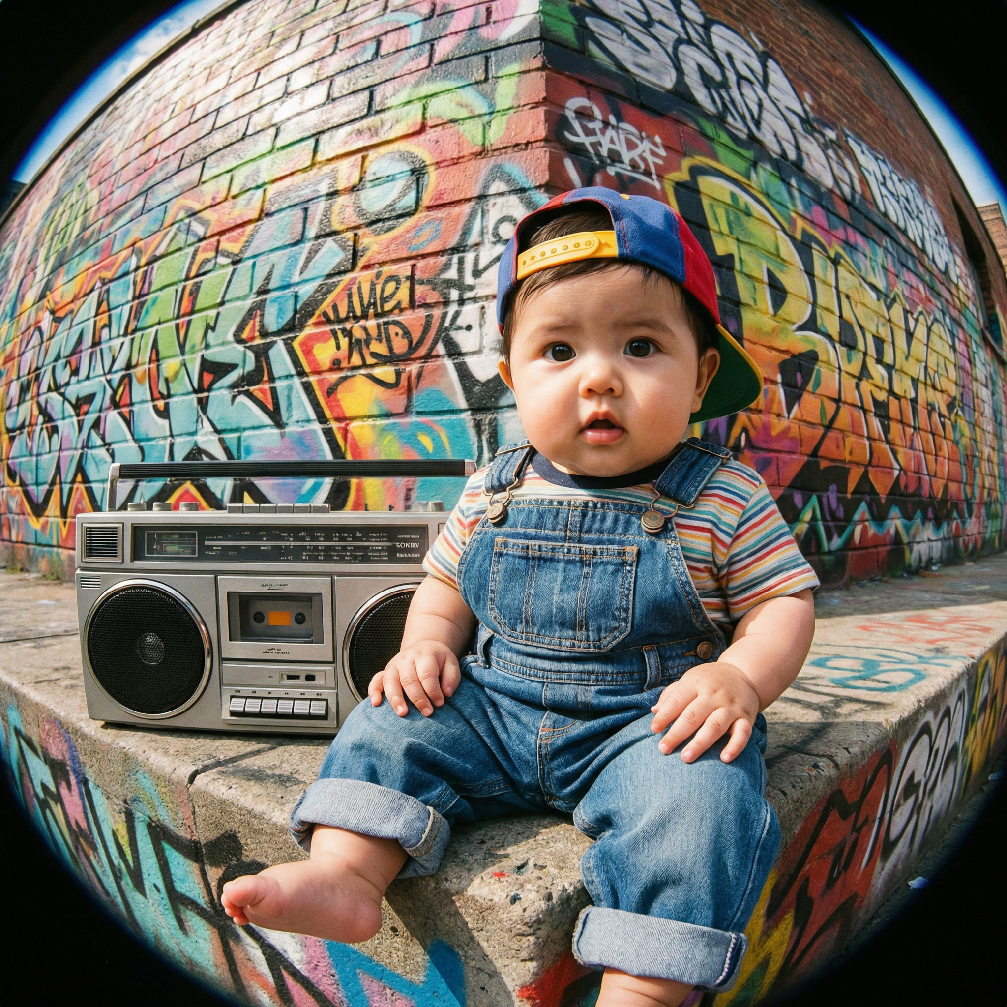 Baby in 90s hip hop fashion with boombox