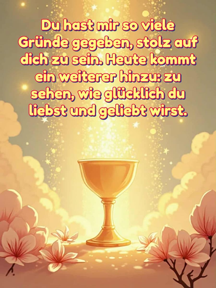 Hochzeitswunsch: 'Du hast mir so viele Gründe gegeben, stolz auf dich zu sein. Heute kommt ein weiterer hinzu: zu sehen, wie glücklich du liebst und geliebt wirst.'