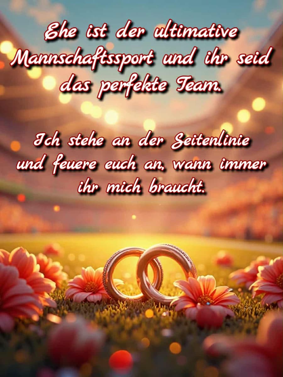 Hochzeitswunsch: 'Ehe ist der ultimative Mannschaftssport und ihr seid das perfekte Team. Ich stehe an der Seitenlinie und feuere euch an, wann immer ihr mich braucht.'