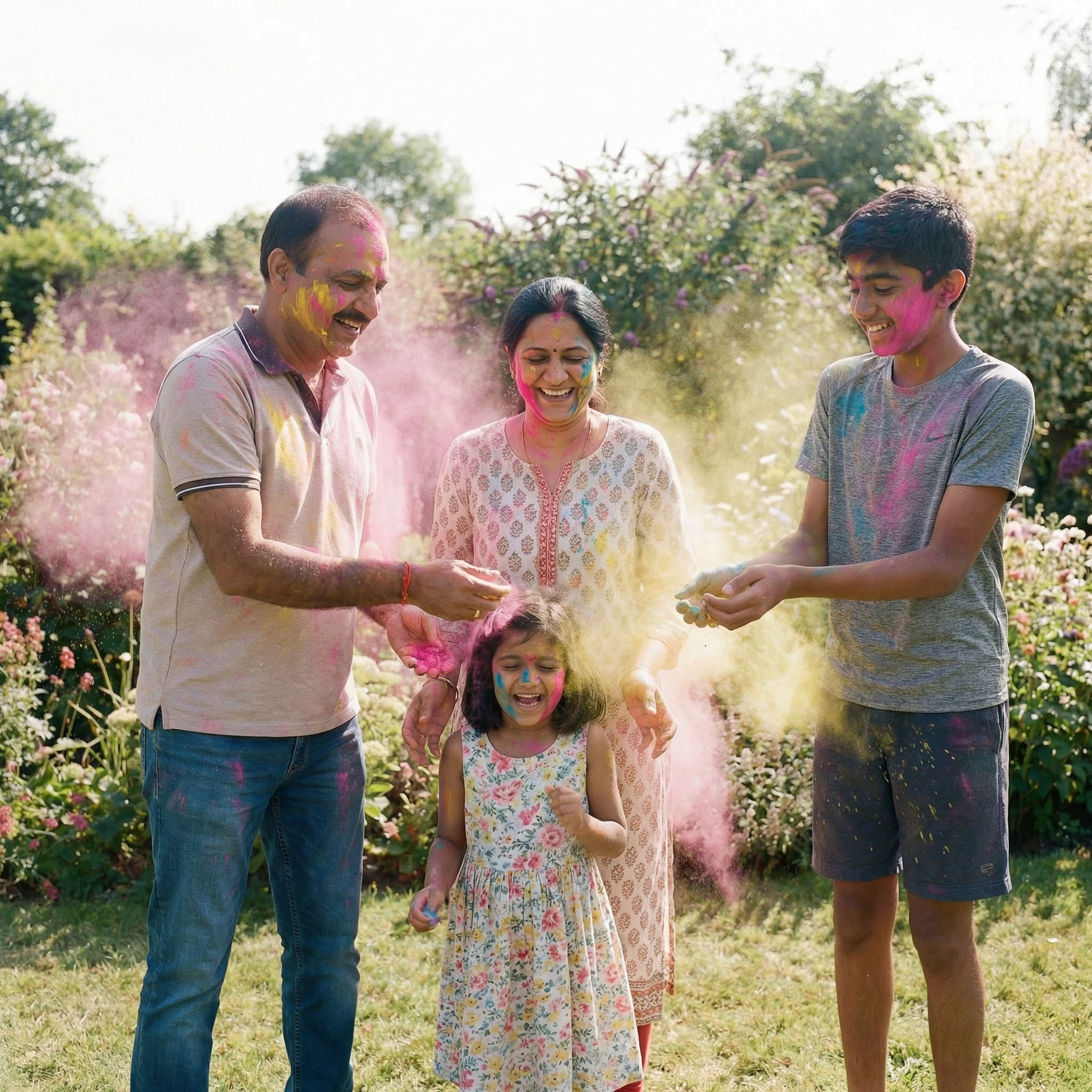 AI-generated family portrait with Holi colours and powder