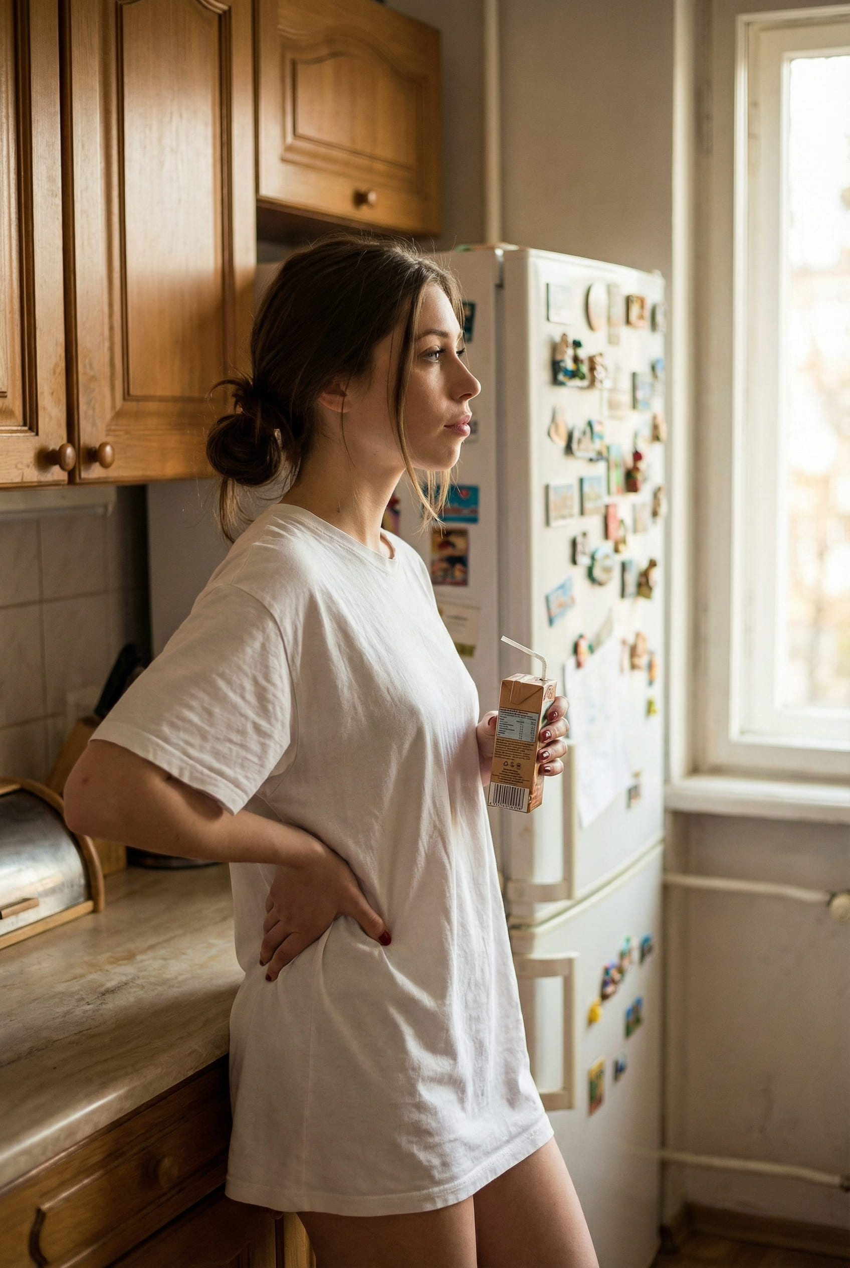 Documentary style photo of a woman in a kitchen