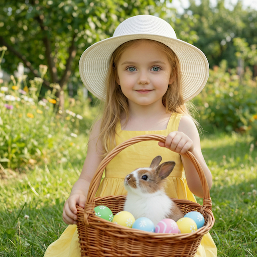 a girl holds a basket with Easter bunny and eggs