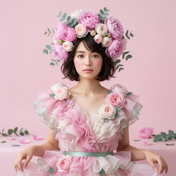 花束を人間化した女性（ピンクの衣装と花の装飾）