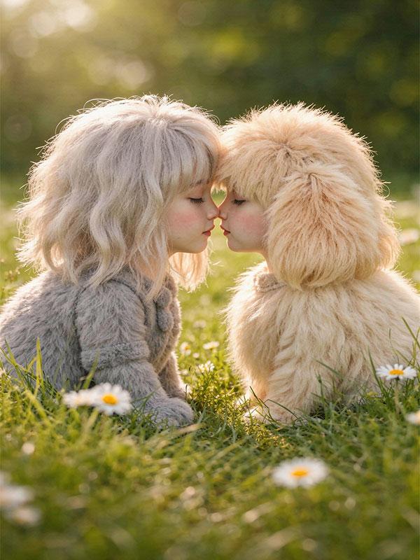 ウサギを人間化したカップル（ふわふわした髪と優しい雰囲気）