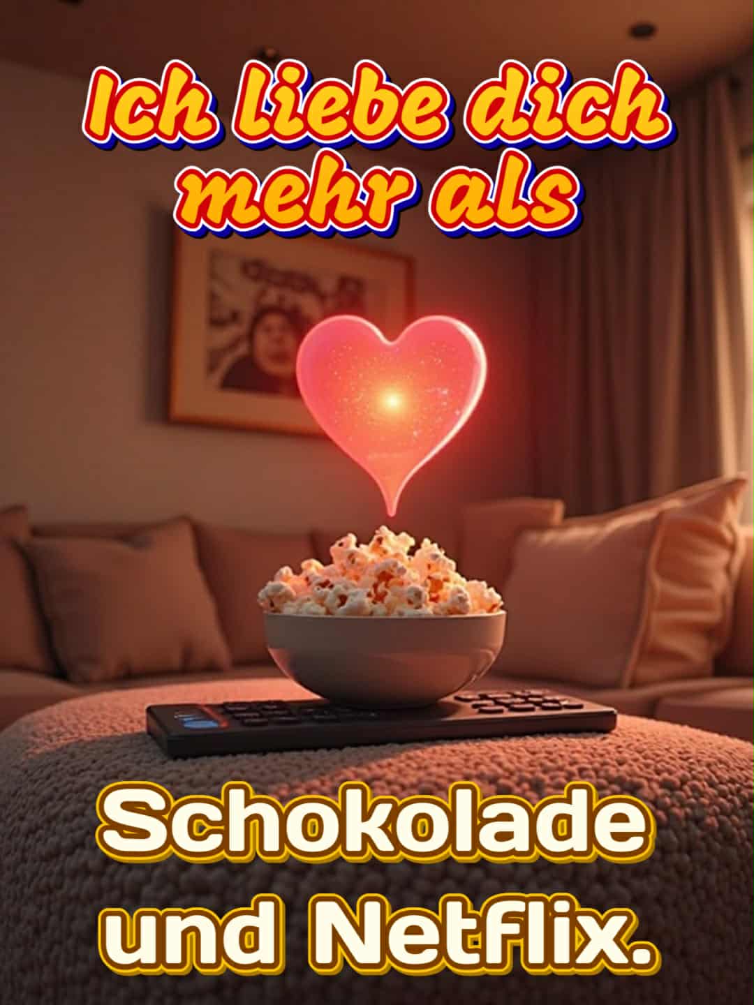 Liebesbild mit Spruch: 'Ich liebe dich mehr als Schokolade und Netflix.'