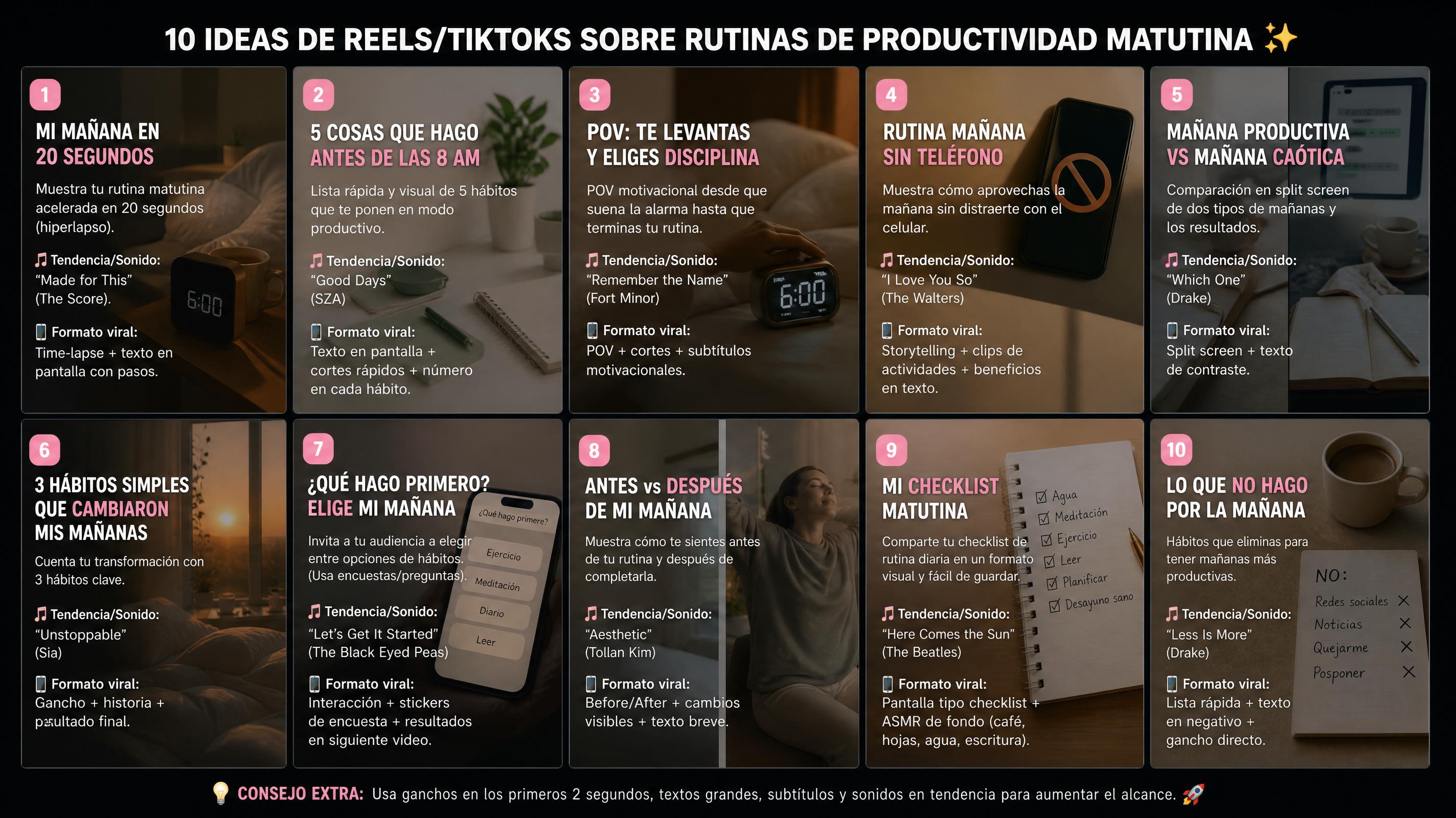 Captura de ideas de reels sobre productividad matutina generadas con un prompt para Grok